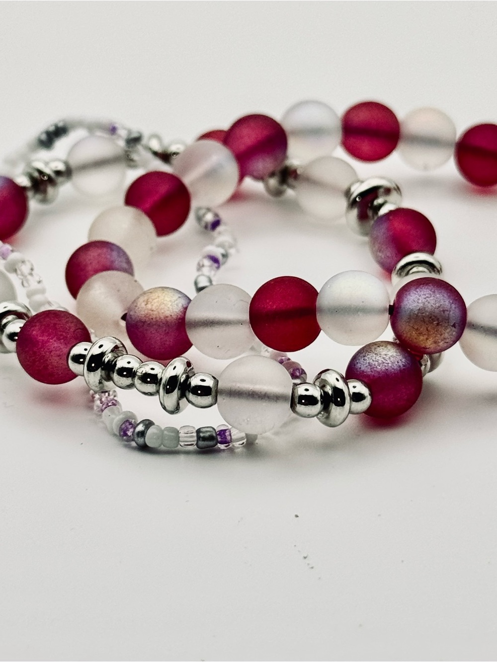 Hand Crafted Raspberry and Clear Frosted Beaded Fidget Bracelet Set